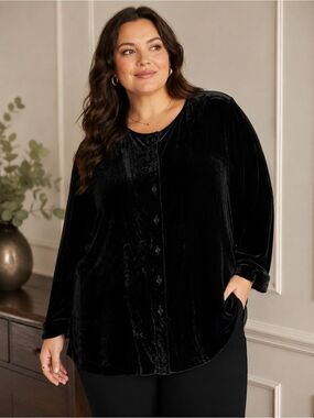 Anne Carson Black Silk Rayon Velvet Button Front Jacket Blouse Plus 1X 90s/Y2K